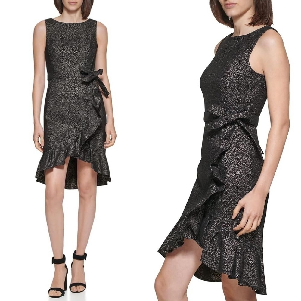 Calvin Klein Self Belt Black Gold Sparkle Ruffle Dress